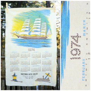 VTG 1974 Schooner Ship Tall Ship Calendar Towel Hartman Auto Sales Birthday Gift